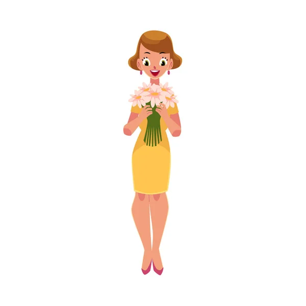 Kvinna, flicka i gul klänning anläggning gäng daisy blommor — Stock vektor