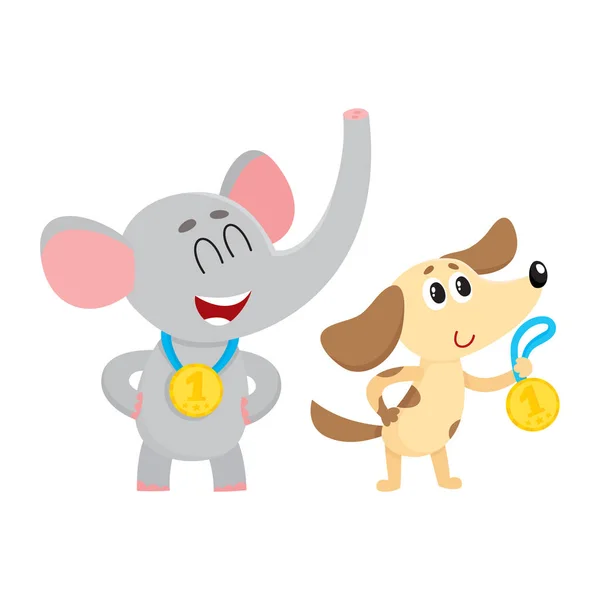 Elefante y perro, personajes de cachorro, campeones con medallas de oro — Vector de stock