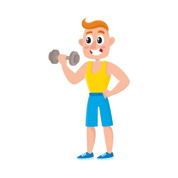 Joven entrenando bíceps con mancuerna, levantamiento de pesas en gimnasio — Vector de stock