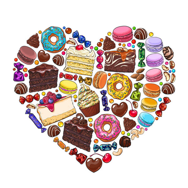 Heart made of various desserts, candies, pastries, cakes, macaroons, nuts