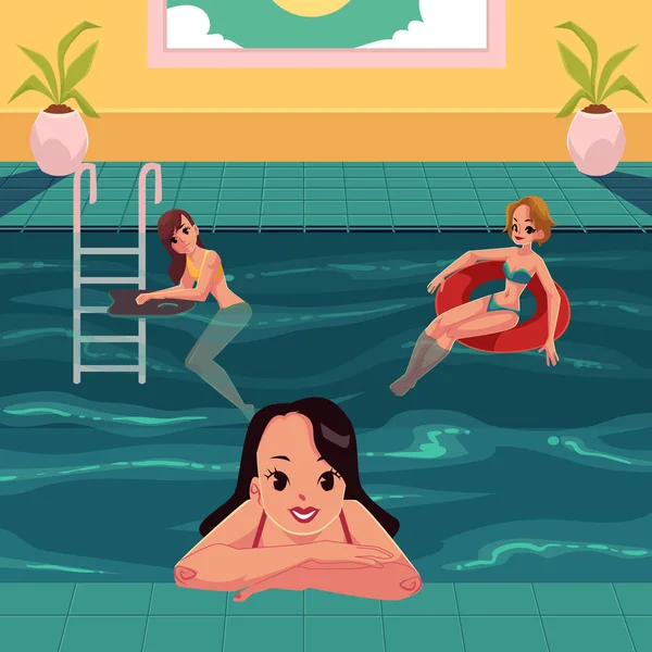 Women in pool, swimming, relaxing, leaning on nosing, having fun — Stock Vector