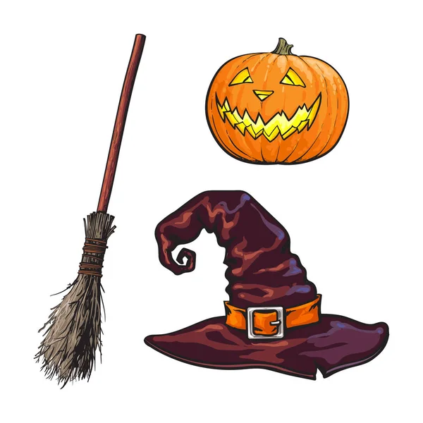 Símbolos de Halloween desenhados à mão - lanterna de bombeamento, chapéu apontado, vassoura de bruxa — Vetor de Stock