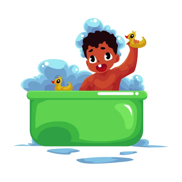 Симпатичный маленький чернокожий, афроамериканец, ребенок, младенец, принимающий ванну — стоковый вектор