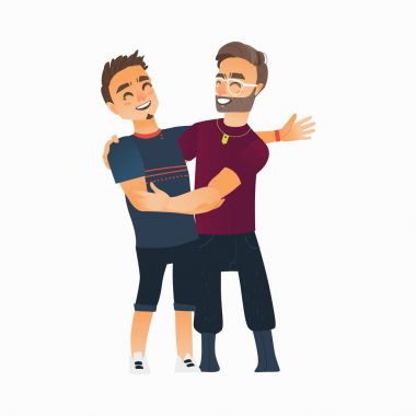 Male friendship - two boys, men, friends hugging each others, waving clipart