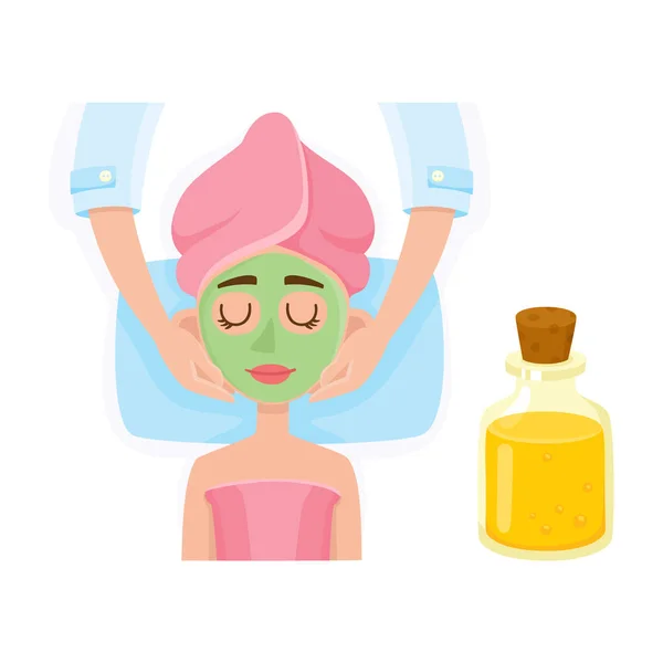 Cosmetician aplicando creme, máscara no rosto da mulher no salão de spa — Vetor de Stock