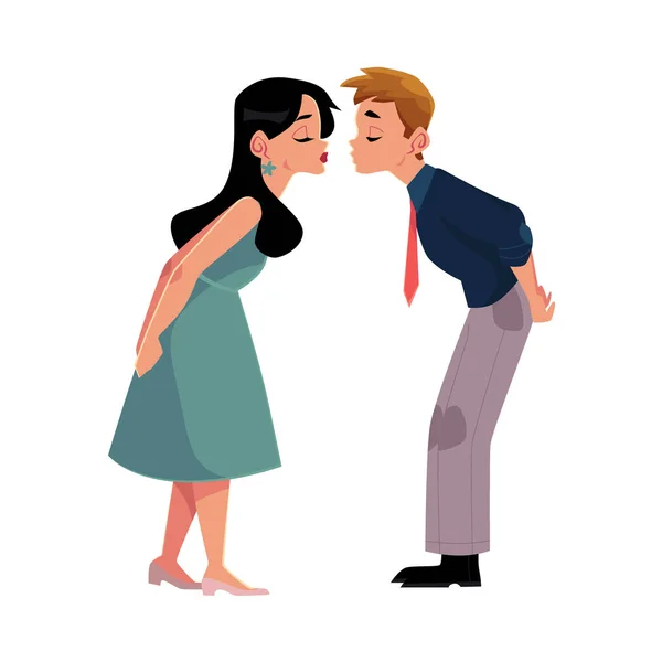 Молода пара робить вигляд, що цілується, збирається поцілувати — стоковий вектор