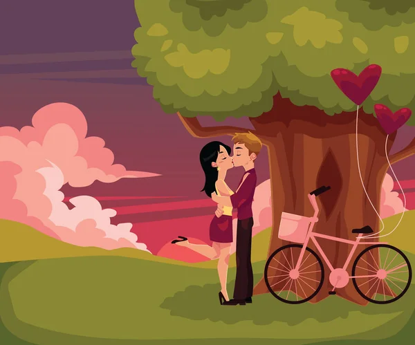 Pasangan berciuman, berkencan di bawah pohon besar saat matahari terbenam, matahari terbenam - Stok Vektor
