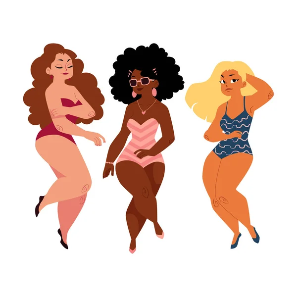 Tombul, düzgün vücutlu kadınlar, kızlar, artı boyutu modelleri takım elbise Yüzme içinde — Stok Vektör