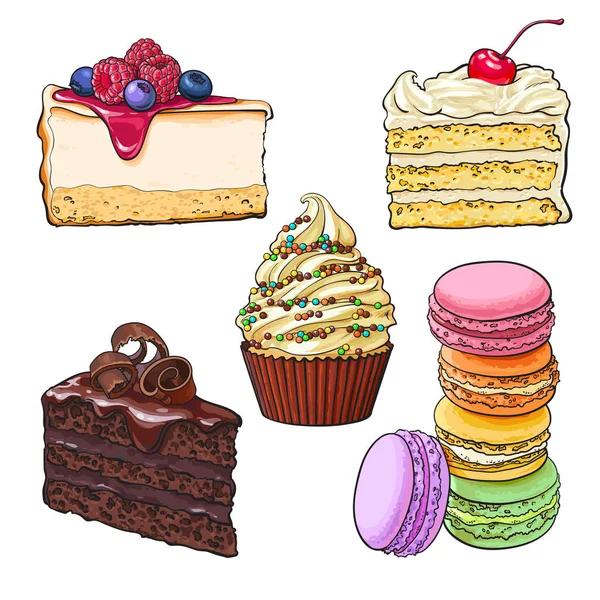 Set di dolci - cupcake, torta al cioccolato e vaniglia, cheesecake, macaron — Vettoriale Stock