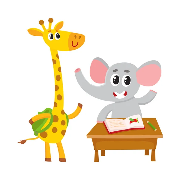 Sevimli hayvan öğrenciler - okul masasında fil, zürafa sırt çantası ile — Stok Vektör