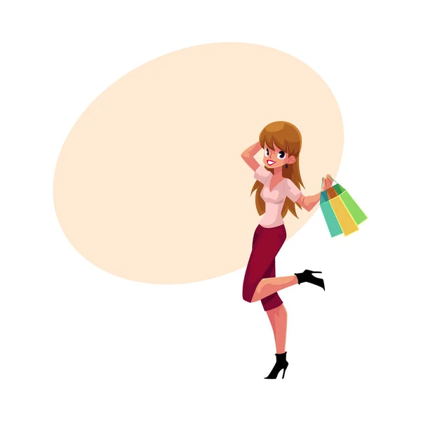 Happy fille caucasienne, femme avec des sacs à provisions, concept de vente de vacances — Image vectorielle