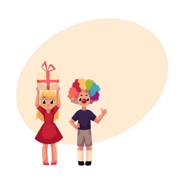 Мальчик с клоунским носом и париком, девушка с подарком на день рождения — стоковый вектор