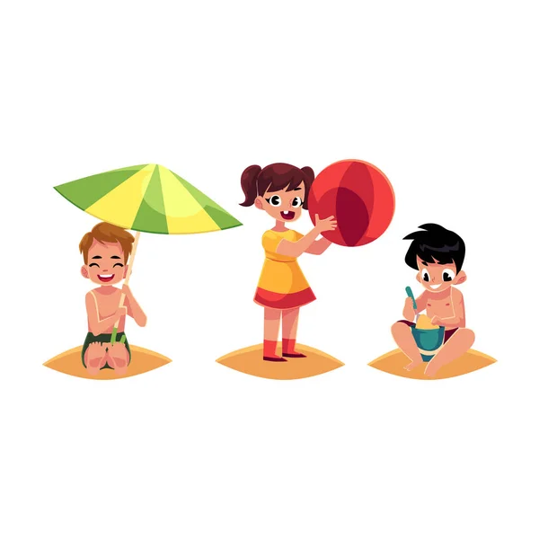 Tres bebés, niños, niños y niñas, jugando en la playa de arena — Vector de stock