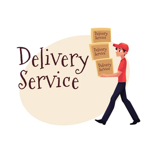 Correio jovem, trabalhador do serviço de entrega transportando pilha de caixas, pacotes — Vetor de Stock
