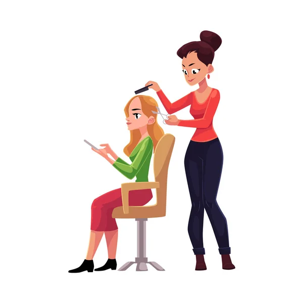 Парикмахер стрижет волосы, делает стрижку для женщины в салоне красоты — стоковый вектор