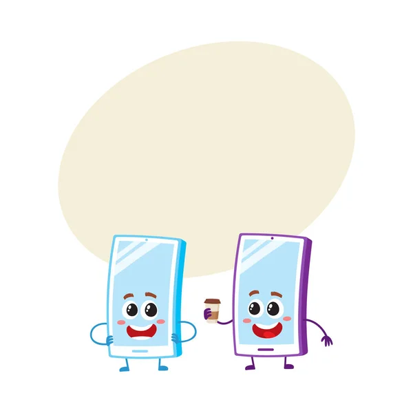 Personajes del teléfono móvil de dibujos animados, sonriendo felizmente, sosteniendo la taza de café de papel — Archivo Imágenes Vectoriales