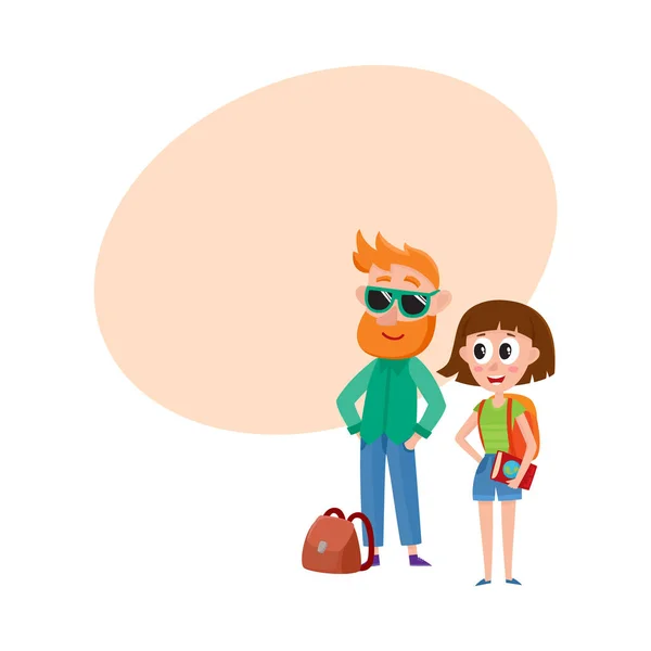 Turistas, hombre en gafas de sol y mujer con mochila, viajando juntos — Vector de stock