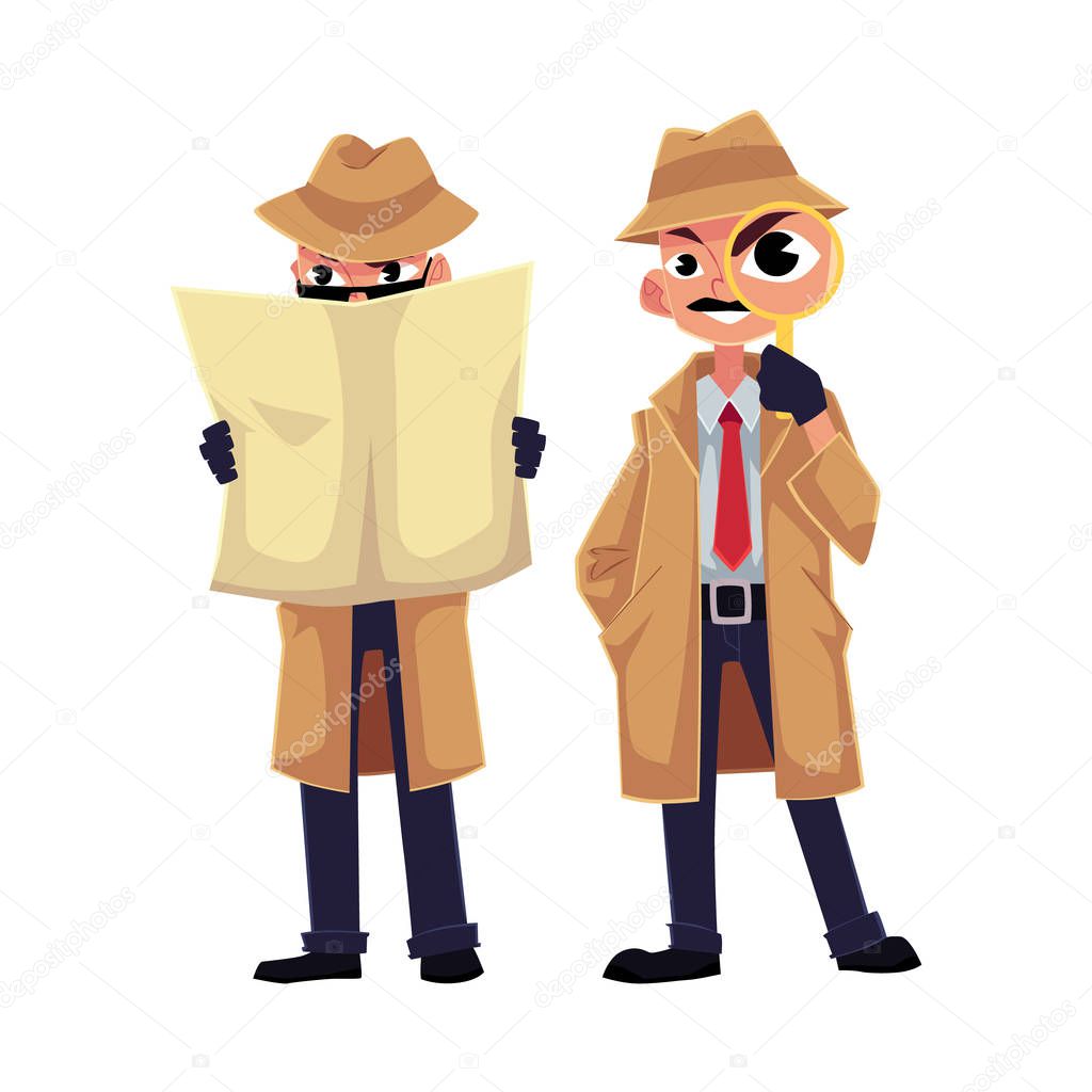 Detective character looking through magnifying glass, spying from behind newspaper