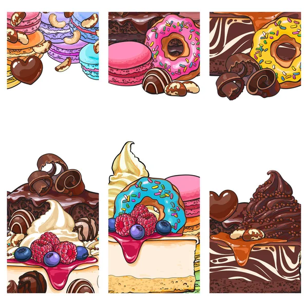 Bannière, étiquette, modèles de cartes postales avec sucré, desserts, gâteaux, beignets, macarons — Image vectorielle