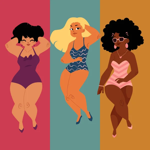 Tombul, düzgün vücutlu kadınlar, kızlar, artı boyutu modelleri takım elbise Yüzme içinde — Stok Vektör