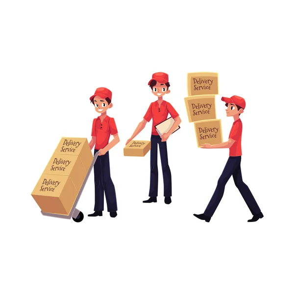 Ung man som arbetar som kurir, leverera varor, paket, lådor — Stock vektor