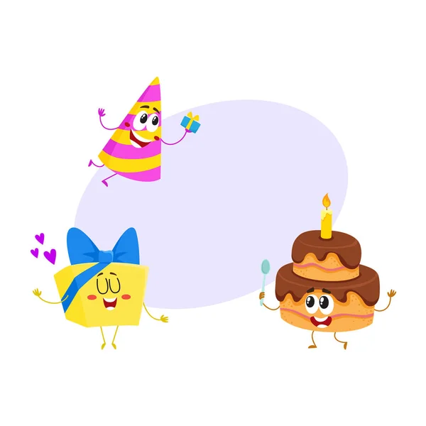 Personagens engraçados de aniversário - chapéu, bolo, caixa de presente, rostos humanos sorridentes — Vetor de Stock