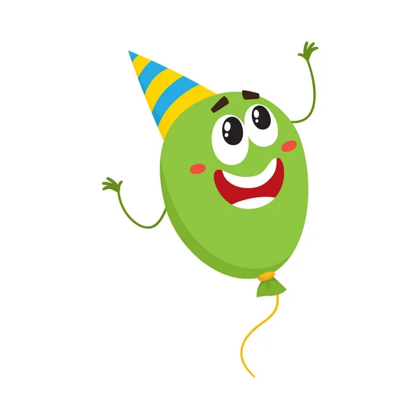 Personnage ballon avec sourire visage humain dans le chapeau de fête d'anniversaire — Image vectorielle