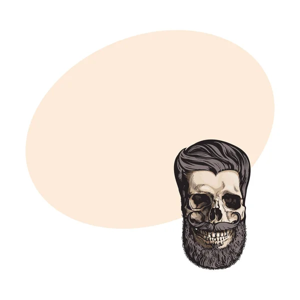 Kézzel rajzolt emberi koponya, a csípő frizurát, szakáll- és bajuszfésű — Stock Vector