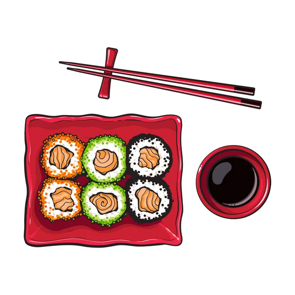 Placa de sushi japonés, rollos, palillos y tazón de salsa de soja — Vector de stock