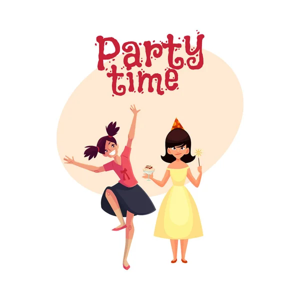 Cumpleaños chica y su amigo bailando en la fiesta, divertirse — Archivo Imágenes Vectoriales
