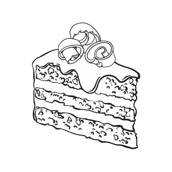 Pedaço de bolo de chocolate em camadas desenhado à mão com cobertura, aparas — Vetor de Stock