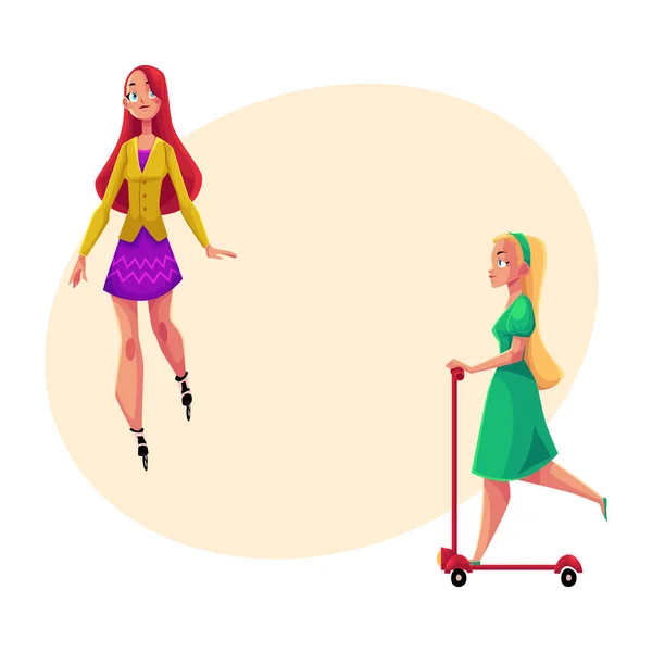 Twee meisjes, vrouwen, één rolschaatsen, een andere paardrijden kick scooter — Stockvector