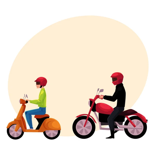 Motocicleta, motoristas de moto e scooter, pilotos usando capacete, vew lado —  Vetores de Stock