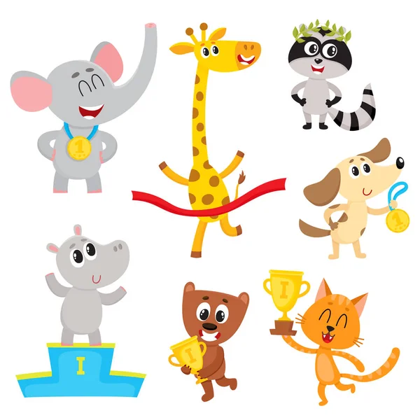 Cute little animal characters, champions, winners holding medals, cups — Stock Vector