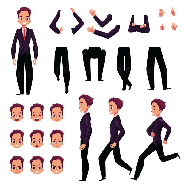Zakenman, man karakter oprichting instellen met verschillende poses, gebaren, gezichten — Stockvector