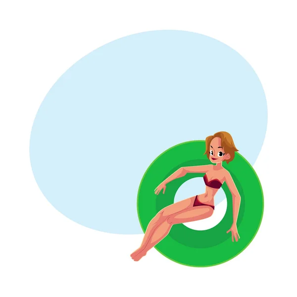 Hübsches Mädchen, Frau im Bikini schwimmt auf schwimmendem aufblasbarem Ring — Stockvektor