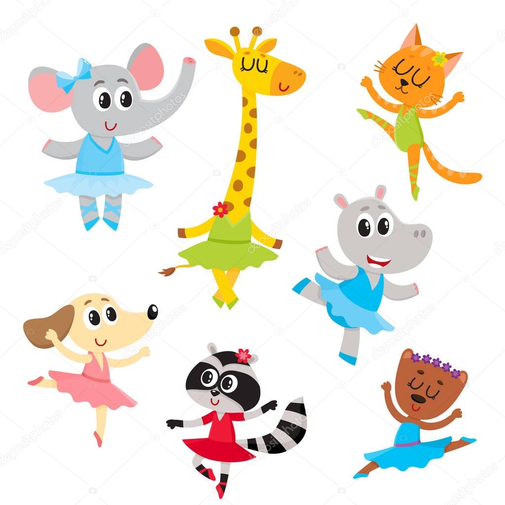 Cute little animal characters, ballet dancers in pointed shoes and tutu skirts