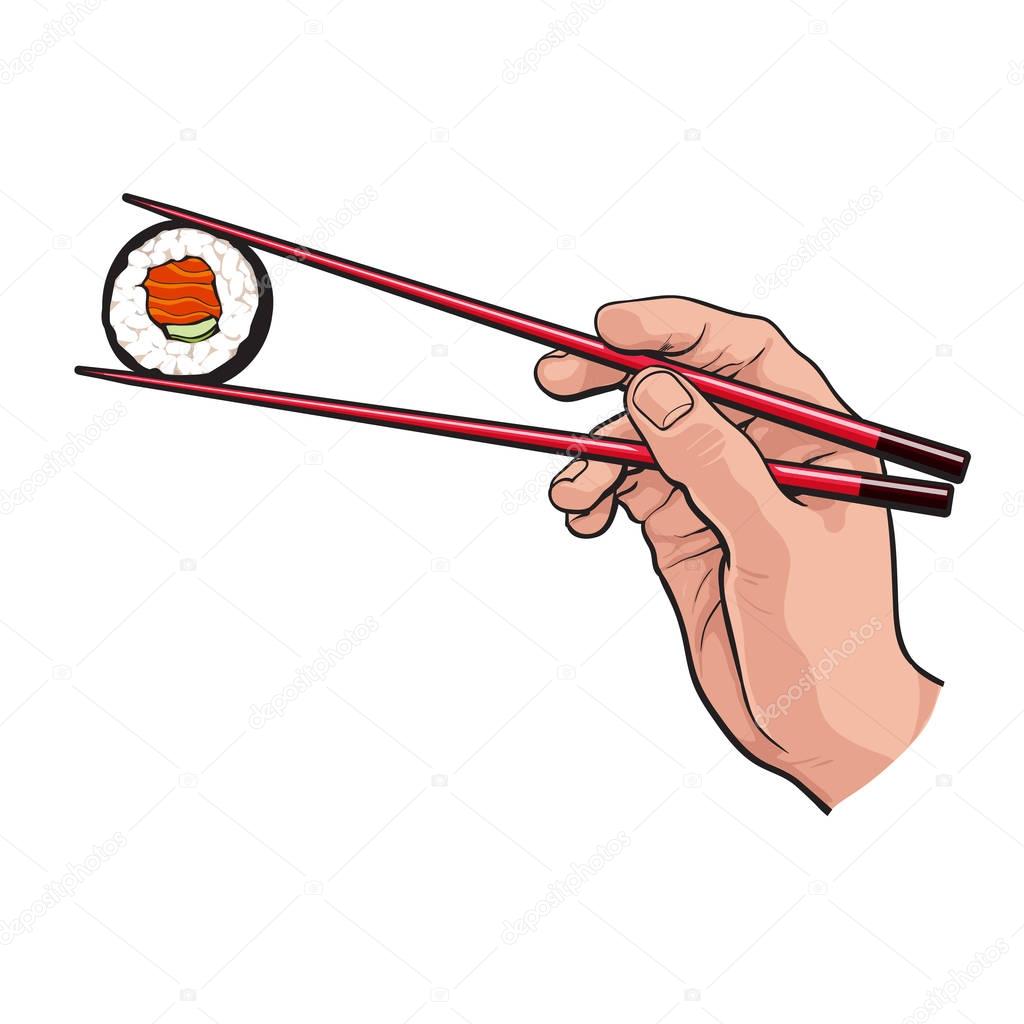 Hand holding Japanese sushi, roll with pair of wooden chopsticks