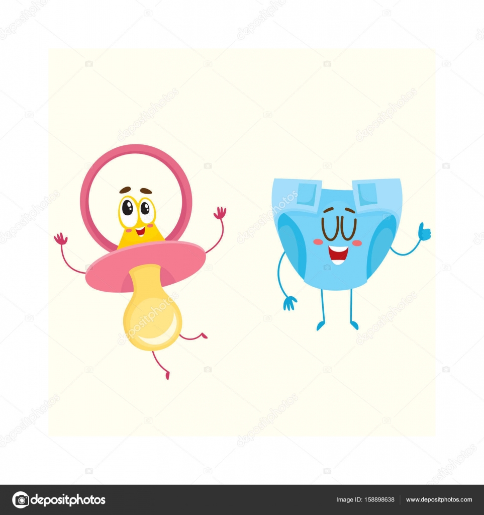 Baby dummy, pacifier and diaper, nappy characters, child care concept