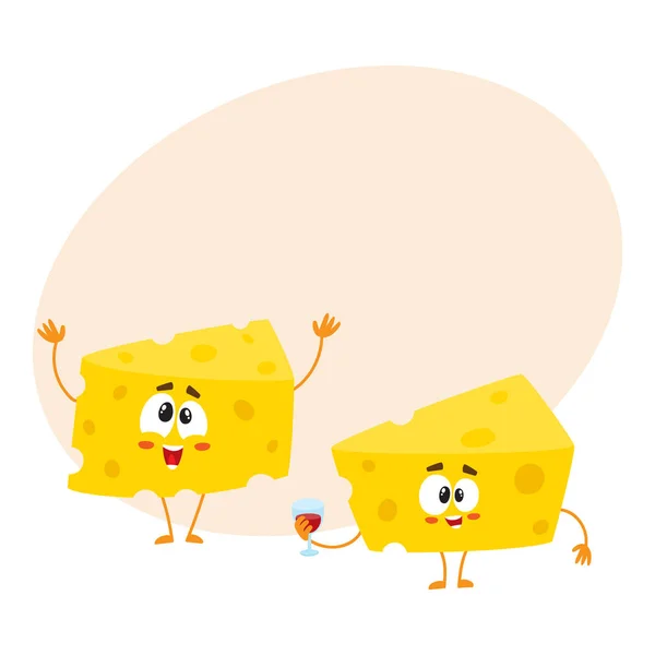 Deux personnages chunk fromage drôle tenant verre de vin, concept de célébration — Image vectorielle