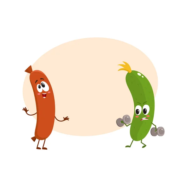 Personajes divertidos de comida, calabacín versus salchicha, concepto de estilo de vida saludable — Vector de stock