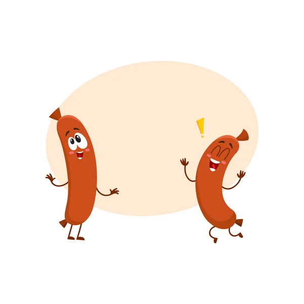 Dos divertido personaje de salchicha con rostro humano corriendo, saltando con entusiasmo — Vector de stock