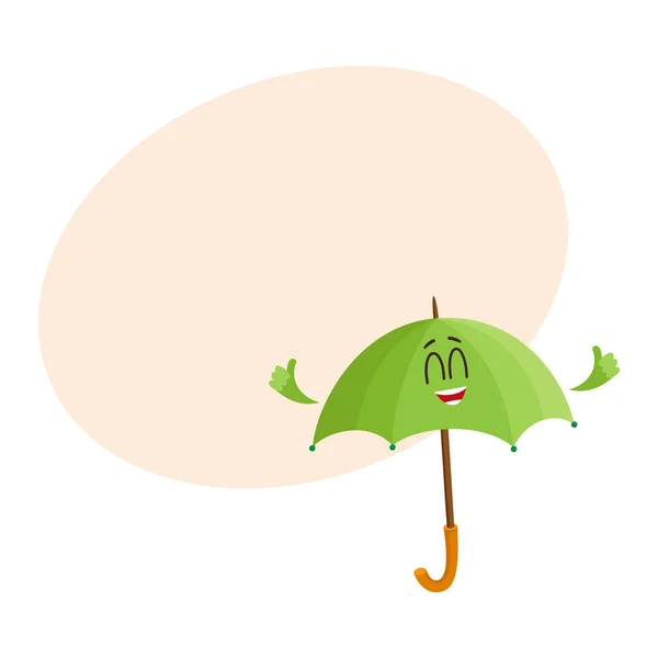 Divertido sonriente paraguas carácter dando, mostrando el pulgar hacia arriba — Archivo Imágenes Vectoriales
