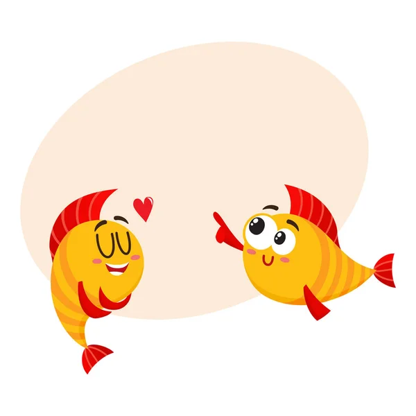 Two smiling golden fish characters, one showing love, another laughing — Stock Vector