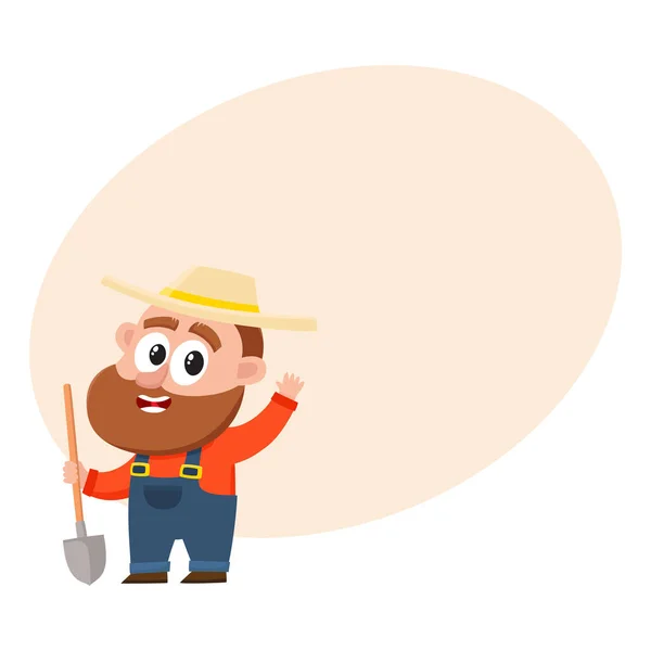 Agricultor engraçado, personagem jardineiro, segurando pá, acenando Olá, saudação —  Vetores de Stock