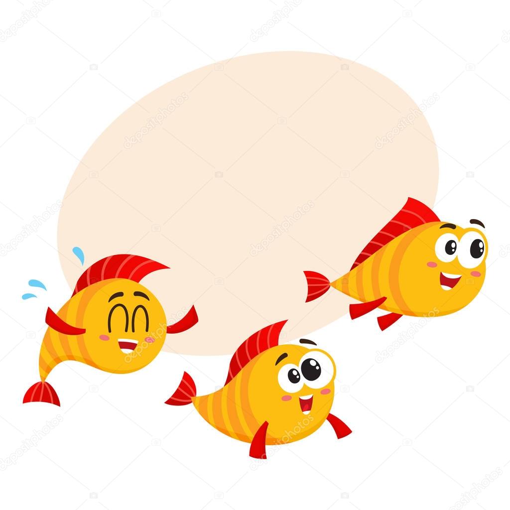 Shoal of three funny golden, yellow fish characters speeding somewhere
