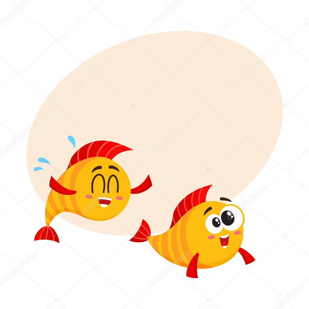Two funny, smiling, crazy golden fish characters swimming together