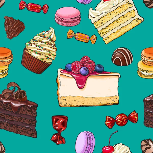 Безшовний візерунок намальованих вручну тортів, цукерок, макарунів та кексів — стоковий вектор