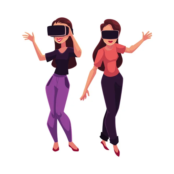 Dvě mladé ženy, dívky, virtuální realita sluchátky, simulátory — Stockový vektor