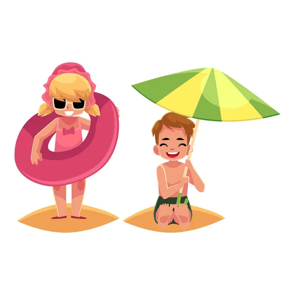 Şişme halkalı ve küçük çocuk sahilde oynarken küçük kız — Stok Vektör